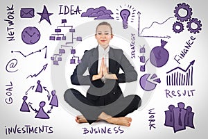 The businesswoman meditating with various business concepts