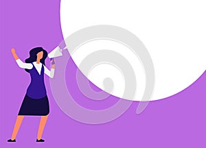 Businesswoman with megaphone. Woman shouting in bullhorn with speech bubble for message. Announcement, event marketing