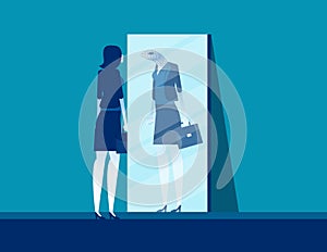 Businesswoman with mirror reflect yourself. Concept business vision vector illustration, Fraud and Duplicity