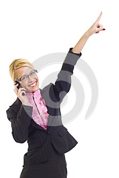 Businesswoman with mobile phone winning