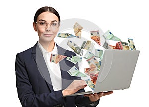 Businesswoman with modern laptop and flying euro banknotes on background. People make money online