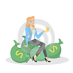 Businesswoman with money. Happy successfull woman sitting