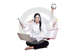 Businesswoman multitasking isolated