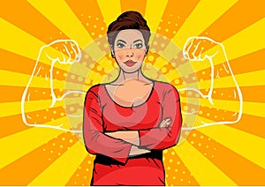 Businesswoman with muscles pop art retro style. Strong Businessman in comic style.