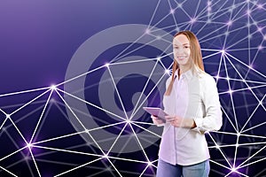 Businesswoman with network. Artificial neural networks, connectionist systems. Internet connection