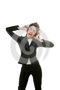 Businesswoman with noise safety headphones