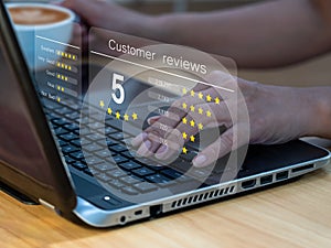 Businesswoman offering 5 star rating, Customer service and Satisfaction, Businesswoman giving Feedback over the Internet Positive