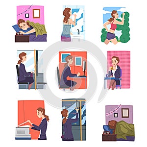 Businesswoman or Office Employee Daily Routine Set, Young Woman Waking Up, Having Breakfast, Working in Office on