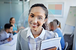 Businesswoman, office and portrait with documents, employees and company staff. Corporate, admin clerk and happy with