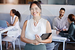 Businesswoman, office and portrait with tablet, employees and company staff. Corporate, finance manager and happy with