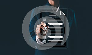 Businesswoman online survey performance review digital document system, document management software database-driven concept for