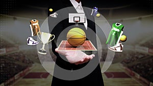 Businesswoman open palm, Around basketball icon, court, goalpost.