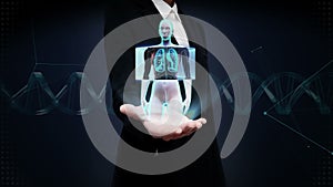 Businesswoman open palm, Scanning body. Rotating Human Female lungs, Pulmonary Diagnostics. Blue X-ray light.