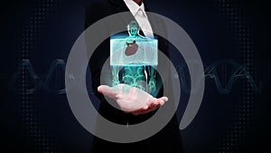 Businesswoman open palm, Zooming front body and scanning heart. Human cardiovascular system, Blue X-ray light.