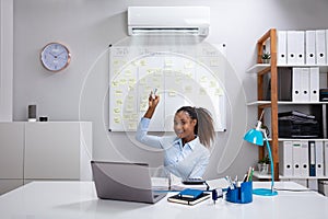 Businesswoman Operating Air Conditioner In Office