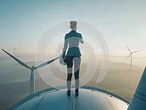 Businesswoman Overlooking Wind Farm at Sunrise