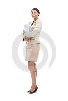 Businesswoman, paperwork and corporate in studio for planning research, project or administration. Female person