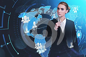 Businesswoman with pen, pensive look at the camera, world map and network