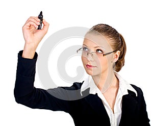 businesswoman with pen on the screen. Isolated