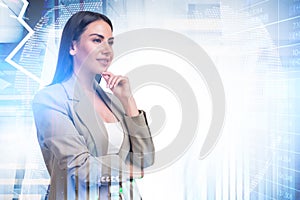 Businesswoman pensive look, bar chart with earth sphere and numbers blurred