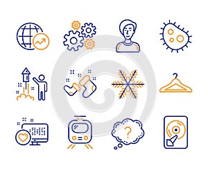 Businesswoman person, Question mark and Snowflake icons set. Cloakroom, Train and Heart signs. Vector