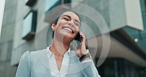 Businesswoman, phone call and laughing in city for communication on work commute, conversation or networking. Female