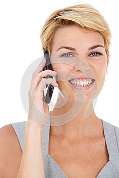 Businesswoman, phone call and networking in studio portrait, communication and smile by white background. Happy female