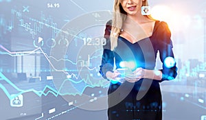 Businesswoman with phone in hands, stock market hologram and office room