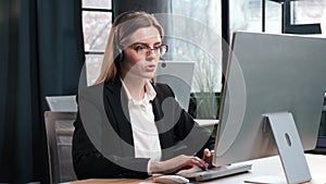 Businesswoman in Phone Headset Talking To Caller In Customer Support Services.