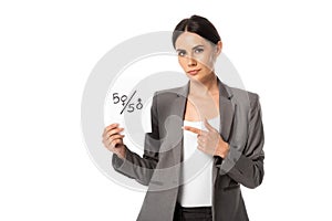 Businesswoman pointing with finger at paper with fifty-fifty symbols isolated on white