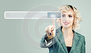 Businesswoman pointing finger to empty address bar with search icon in virtual web browser