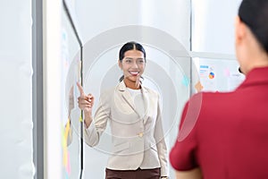 Businesswoman pointing towards graph and giving presentation explaining the idea to her business colleagues in the office. Group