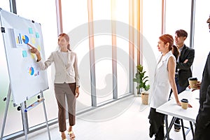 Businesswoman pointing towards graph and giving presentation explaining the idea to her business colleagues in the office. Group