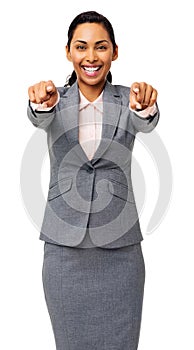 Businesswoman Pointing At You With Both Hands