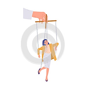 Businesswoman politician marionette cartoon character trapped in hand of dictator  on white