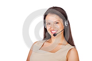 Businesswoman, portrait and headset at call center for customer service, communication or telemarketing. Female person