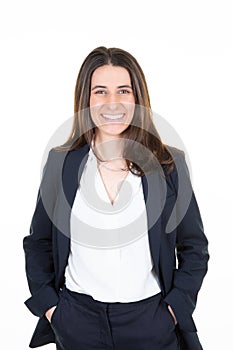 Businesswoman portrait of young happy woman smiling on white background