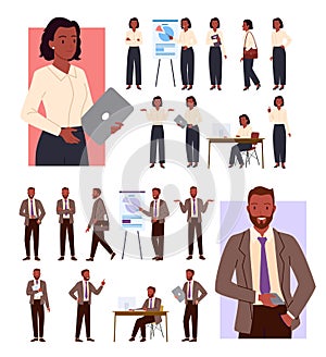 Businesswoman poses set, girl manager standing with laptop, young office worker pointing. Businessman poses set, office