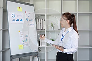 Businesswoman with presentation board at a meeting about work plans Finance and business results graphs