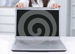 Attractive businesswoman presenting a laptop with copyspace on the monitor