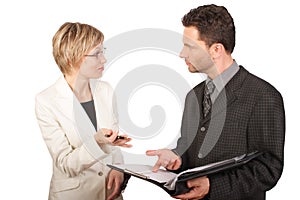 Businesswoman presenting report to her partner