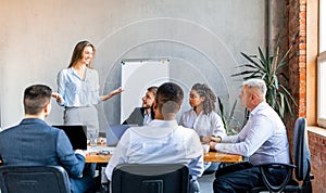Businesswoman Presenting Startup Idea To Coworkers And Employer In Office
