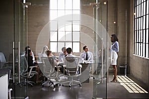 Businesswoman presenting to colleagues at boardroom meeting