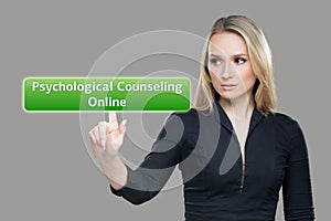 Businesswoman presses button psychological counseling online on virtual screens. technology, internet and networking