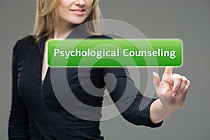 Businesswoman presses button psychological counseling on virtual screens. technology, internet and networking concept.