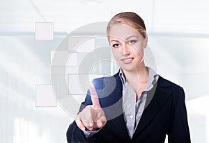 Businesswoman pressing a touchscreen button
