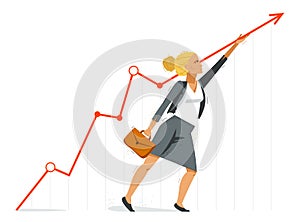 Businesswoman pushes growth graph chart up to financial success vector illustration, motivated business woman accountant CEO or