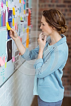 Businesswoman putting sticky notes on whiteboard