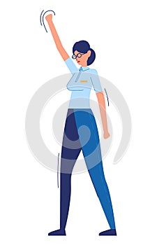 Businesswoman raised her hand up. Color vector cartoon flat illustration isolated on white. photo