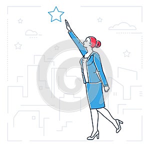 Businesswoman reaching out the star - line design style isolated illustration